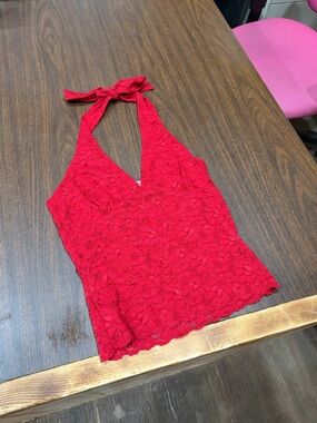 Lipstick Boutique Bright Red Lace Halter Tank